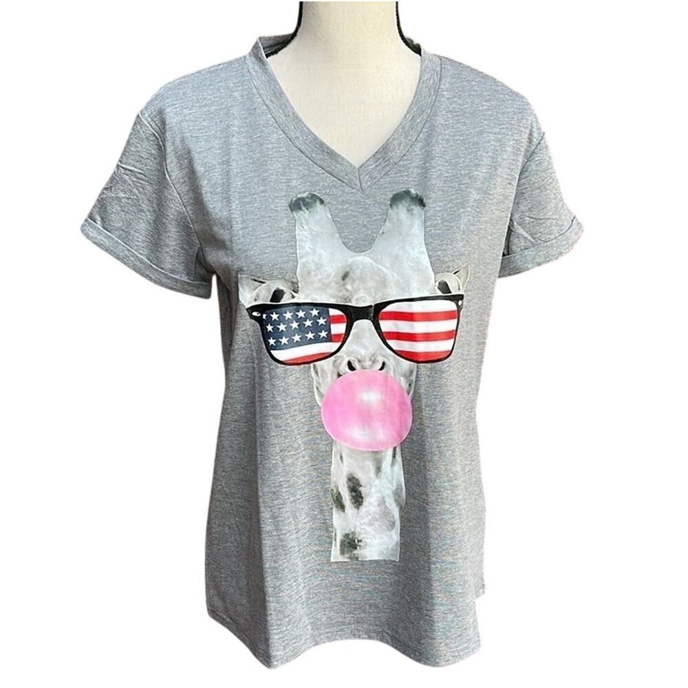 Patriotic Giraffe Graphic T-Shirt Women’s Medium Gray Heather 4th of July USA